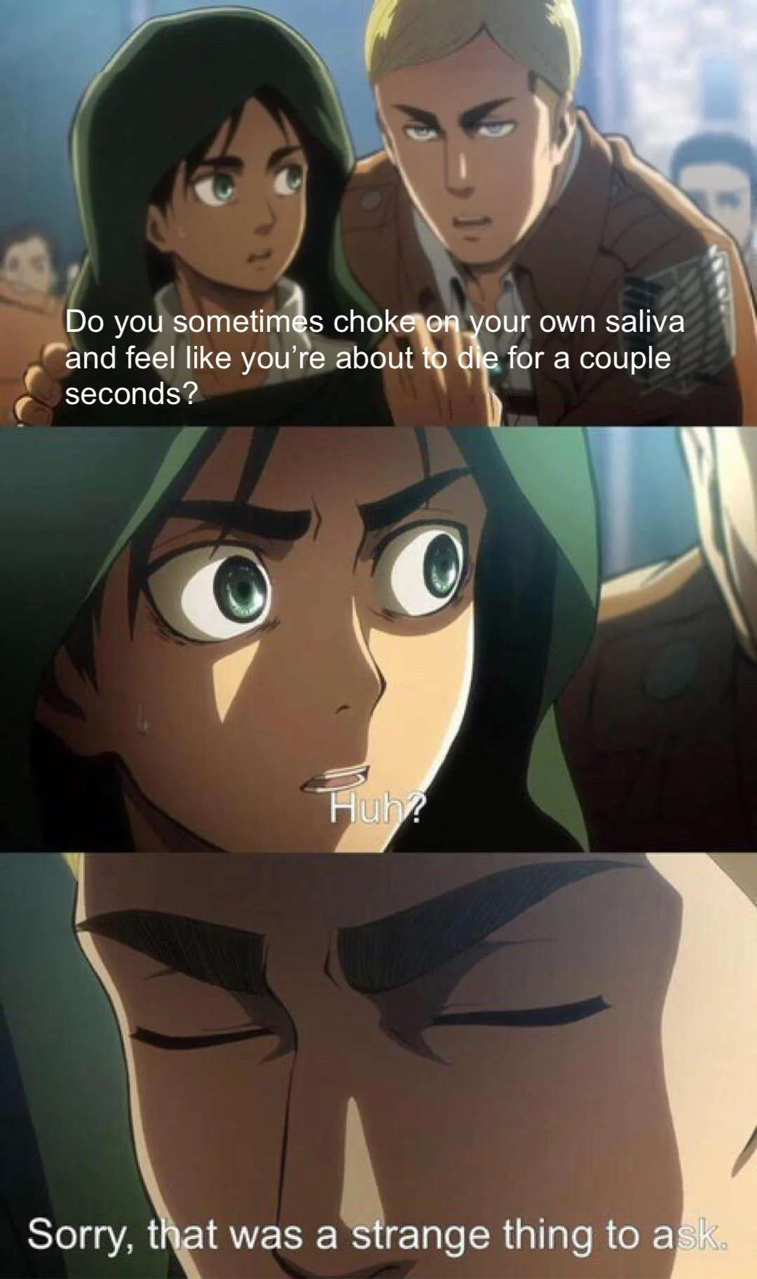 Attack on titan meme about choking on saliva awkward question