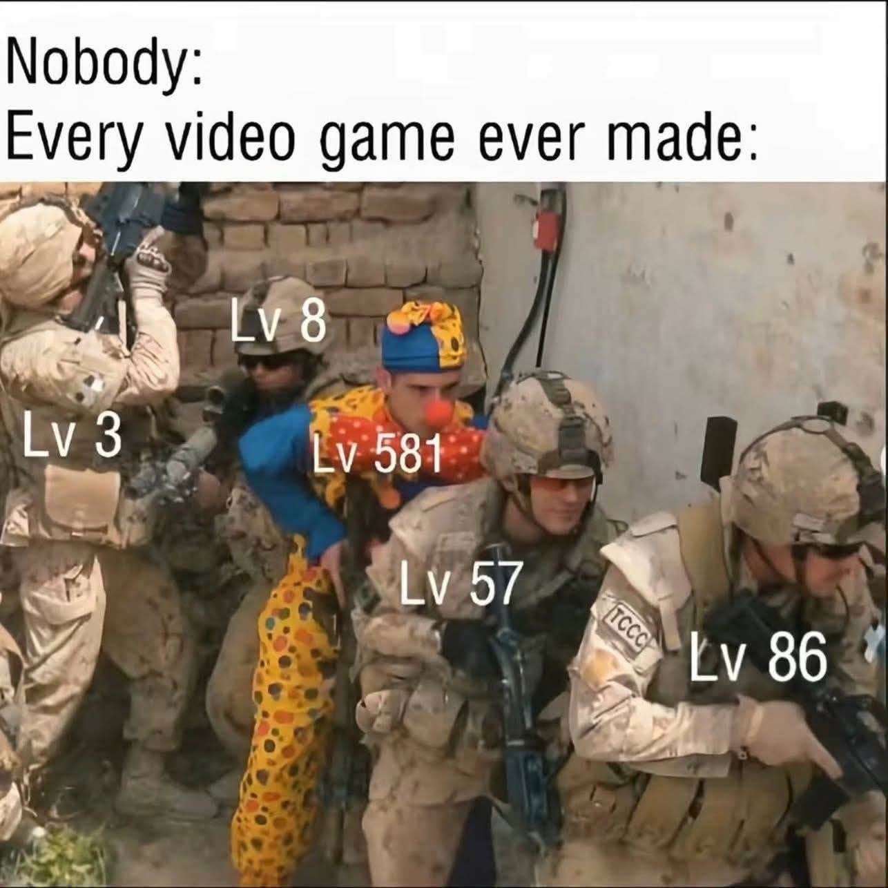 Clown Among Soldiers Video Game Level Meme