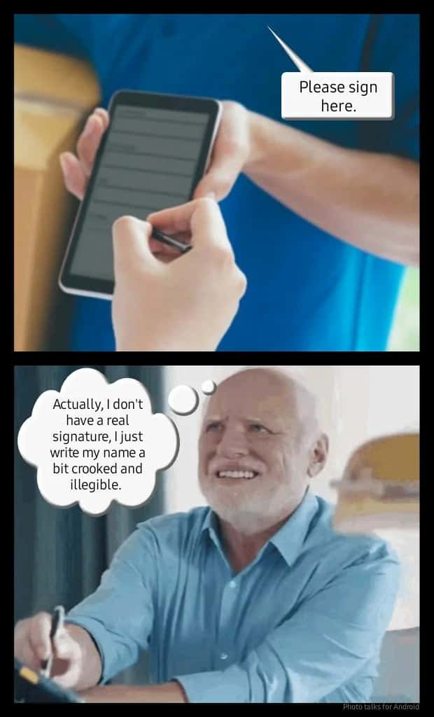 Old man meme about how he does his signature