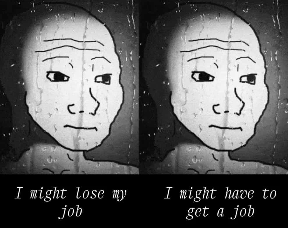 Meme about the dread of both losing and needing a job