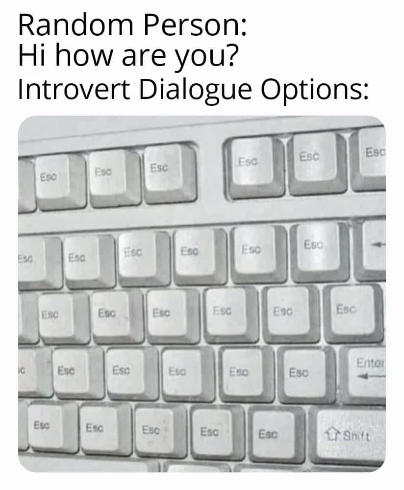 Introvert meme with all esc keys on keyboard avoiding small talk