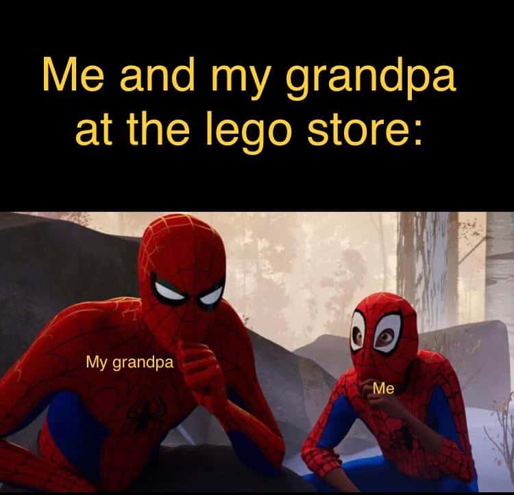 Learning From Spiderman Meme Showing Grandparent-Grandchild Lego Trip
