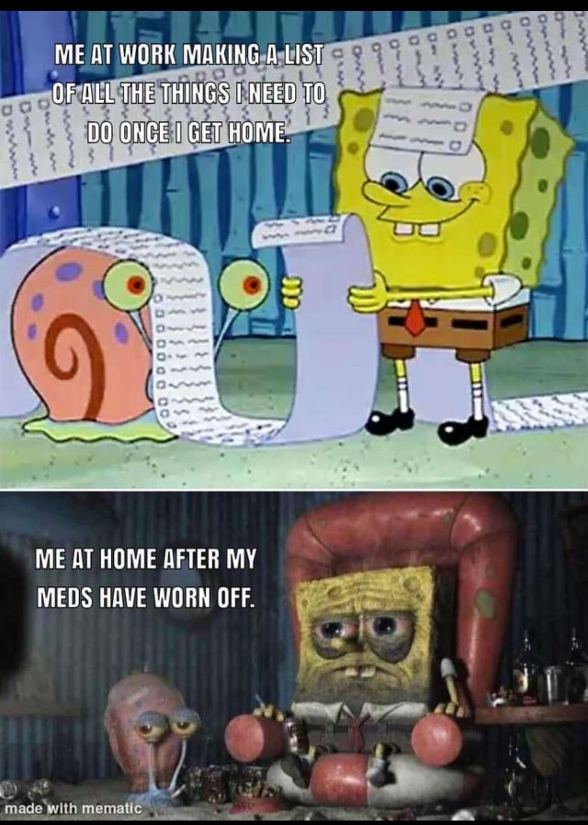 Spongebob meme work vs home motivation crash after meds