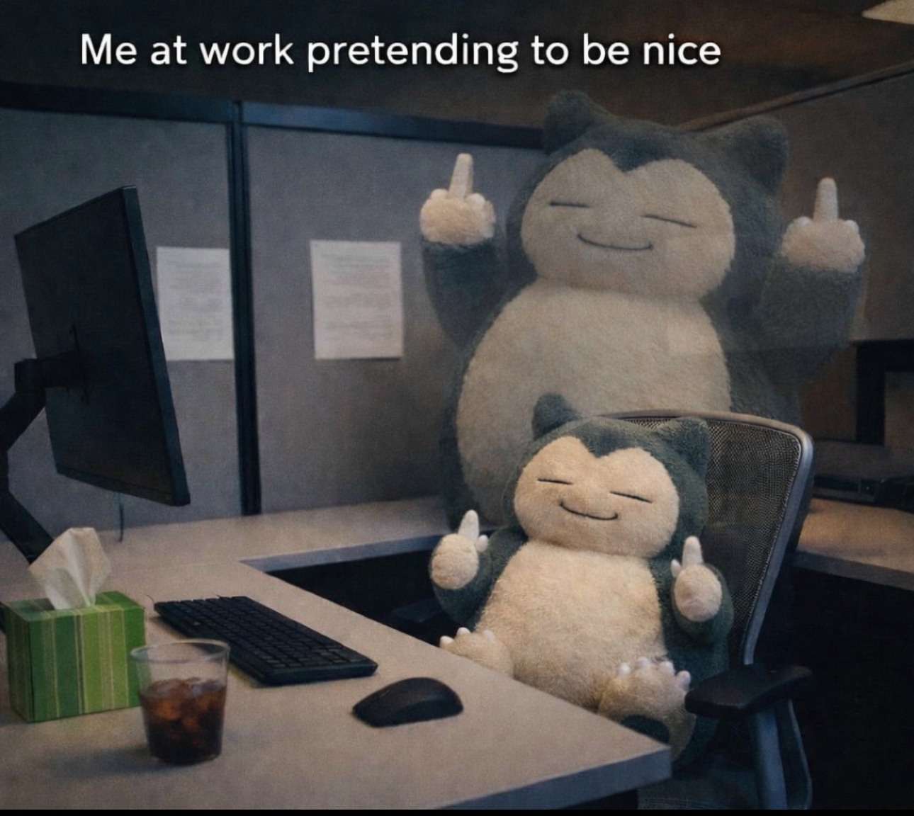 Snorlax Meme Depicting Work Persona Pretending To Be Nice