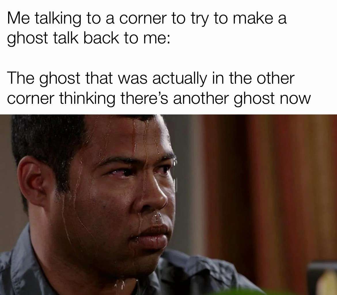Sweating jordan peele meme about ghost being scared of another ghost