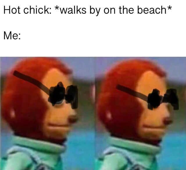 Monkey Puppet meme looks away as hot chick walks by beach Monkey Puppet meme looks away as hot chick walks by beach