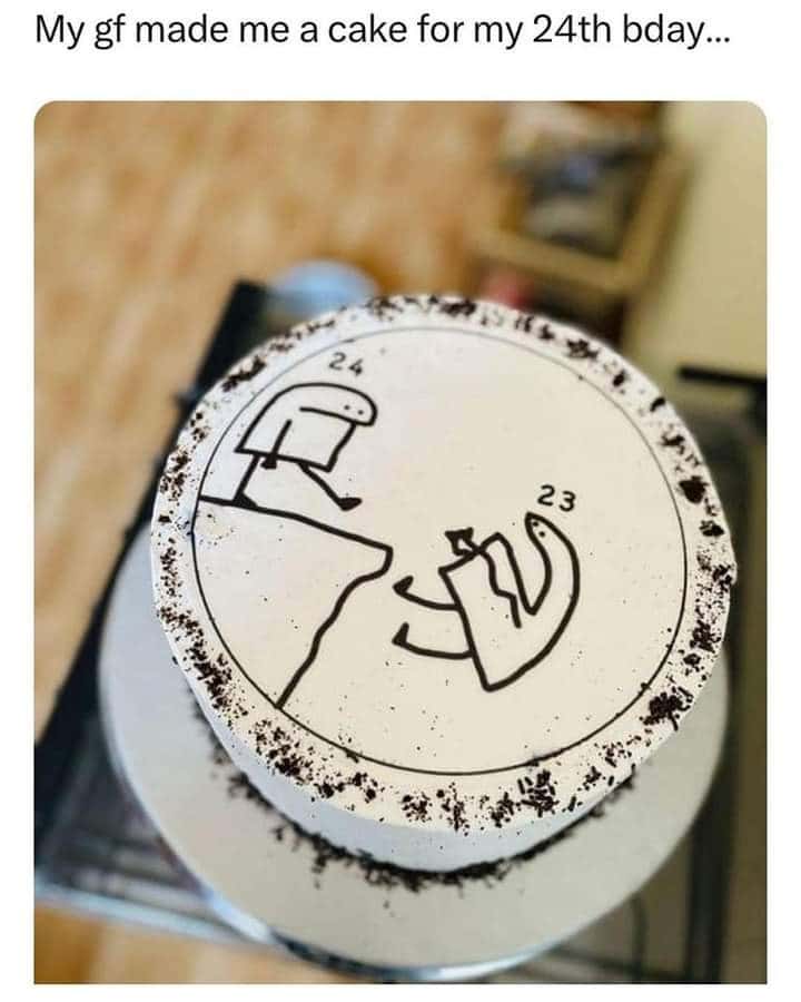 Funny birthday cake meme showing 24 kicking 23 off a cliff