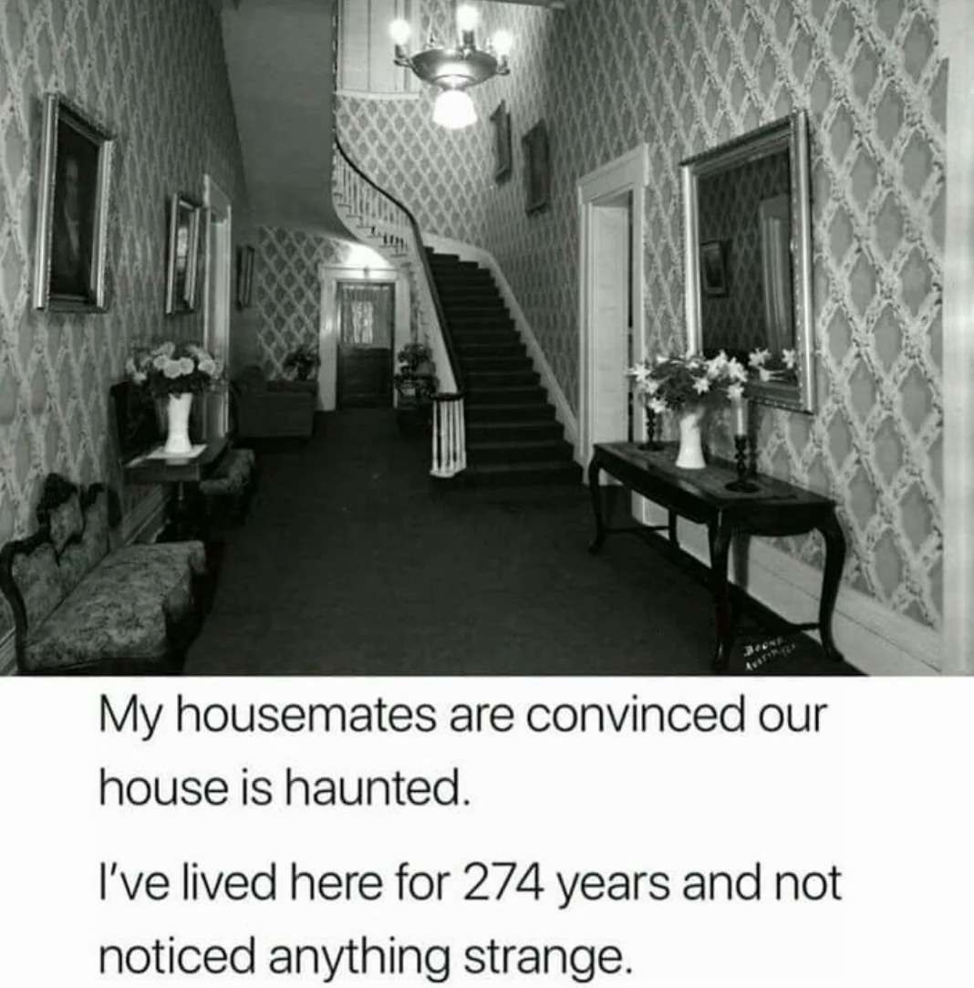 Haunted house meme ghost roommate saying nothing strange here