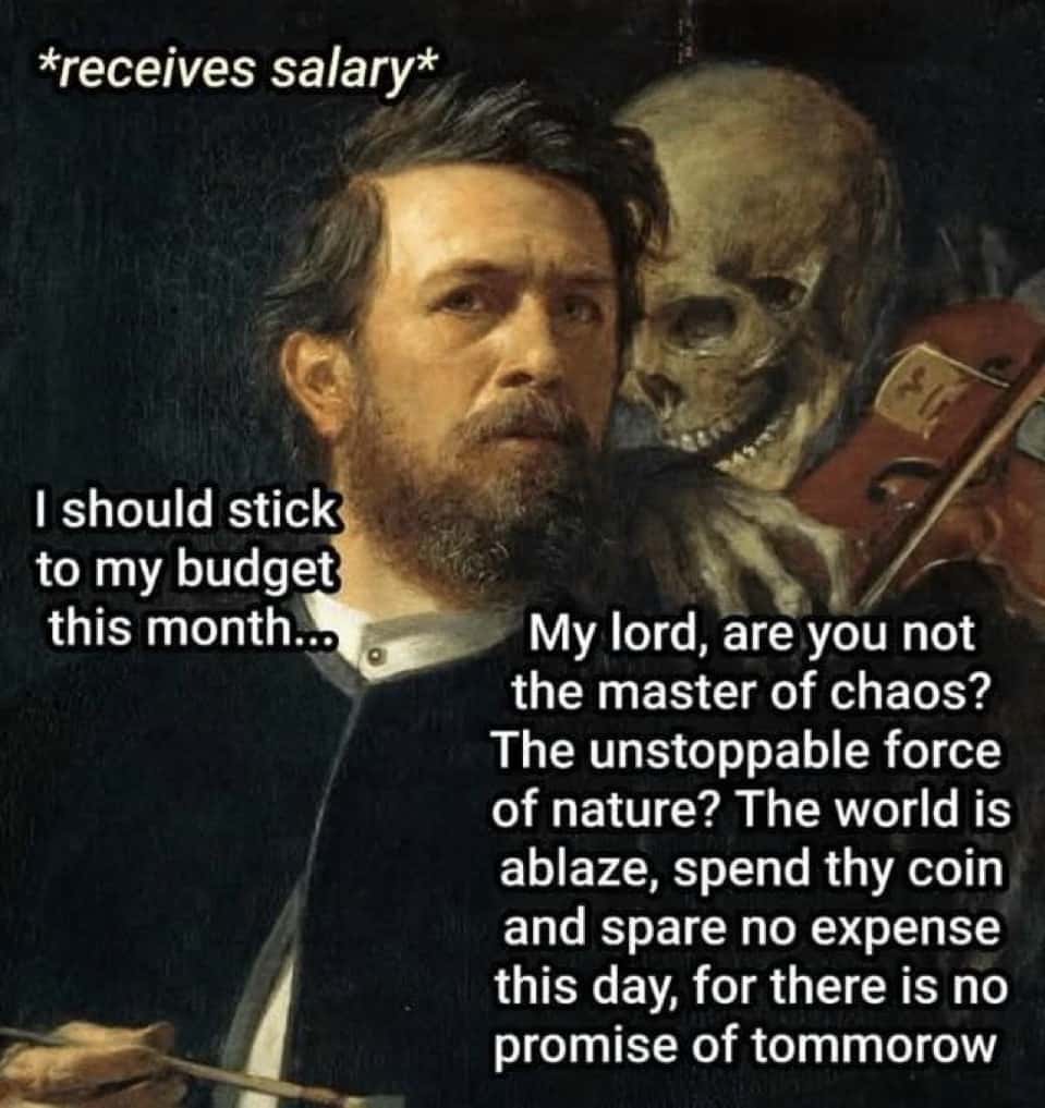 Skeleton whispering in man's ear meme tempting to spend salary freely