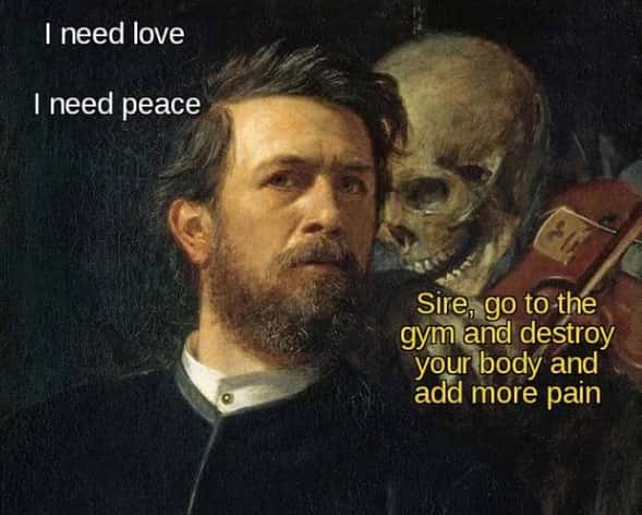 Skeleton whispering in man's ear meme urge gym for more pain