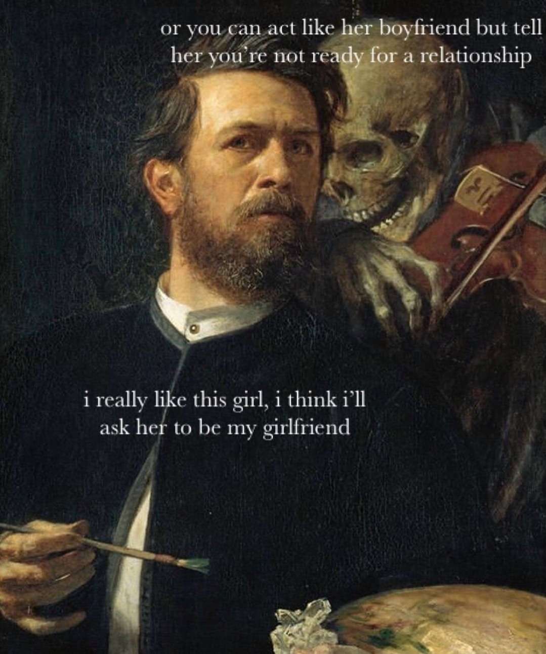 Skeleton whispering in man's ear meme trick man avoid relationship commitment