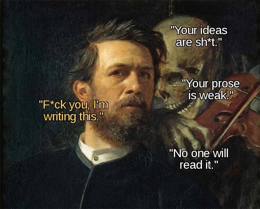 Skeleton whispering in man's ear meme mocking writer's bad prose