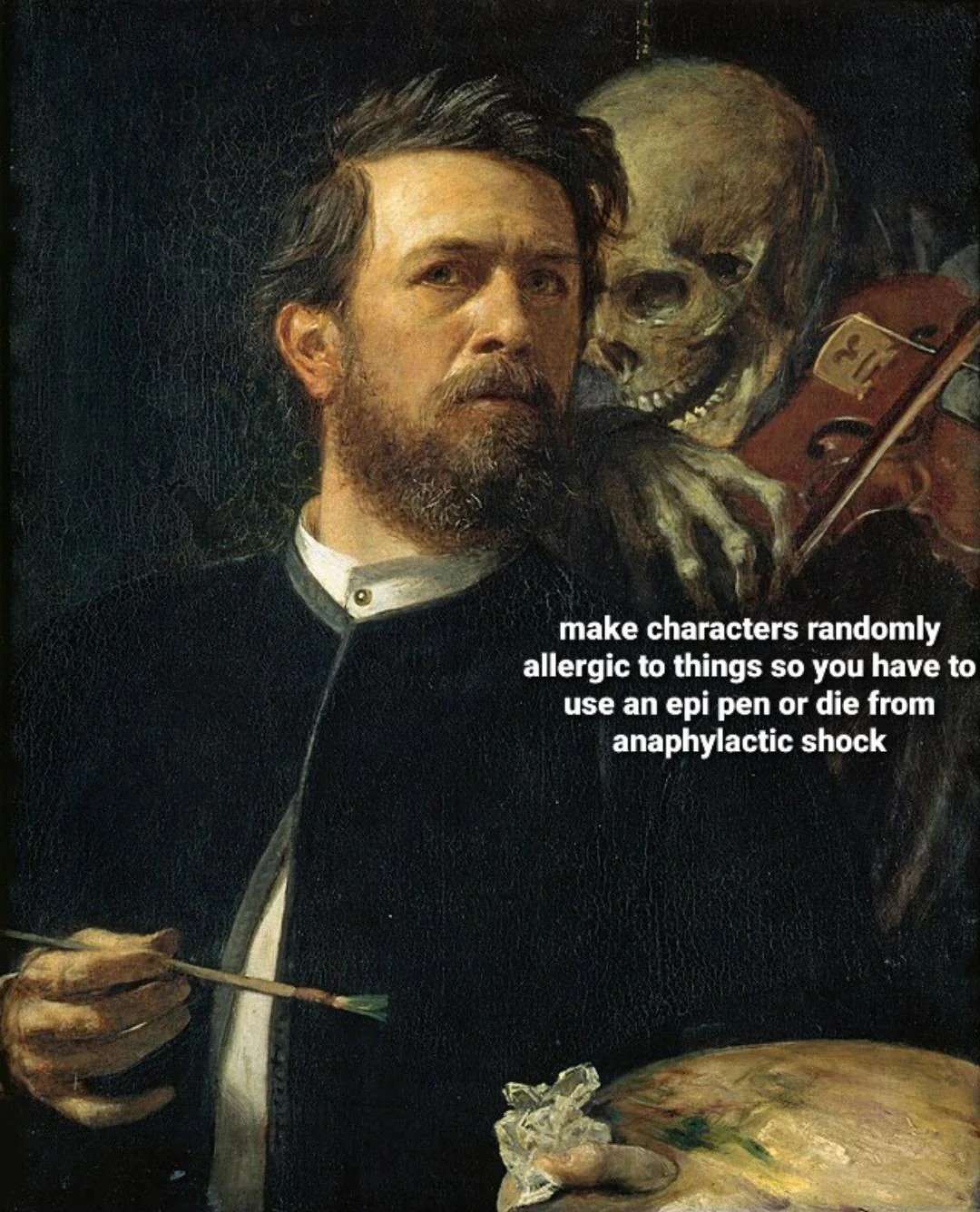 Skeleton whispering in man's ear meme telling to add fatal random allergies