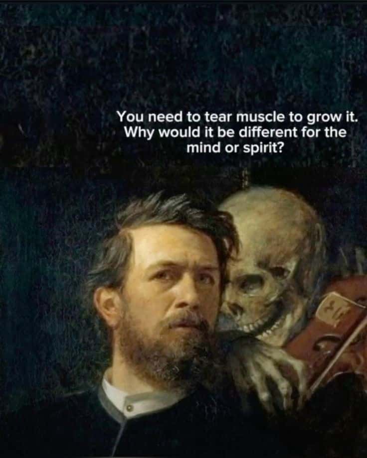 Skeleton whispering in man's ear meme shares growth insight