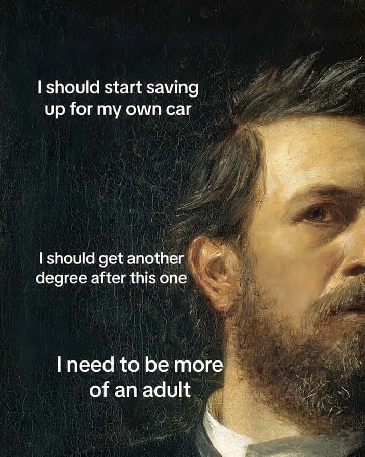 Skeleton whispering in man's ear meme making adult life plans