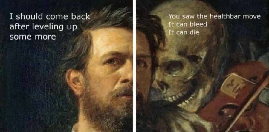 Skeleton whispering in man's ear meme urge player to fight killable boss