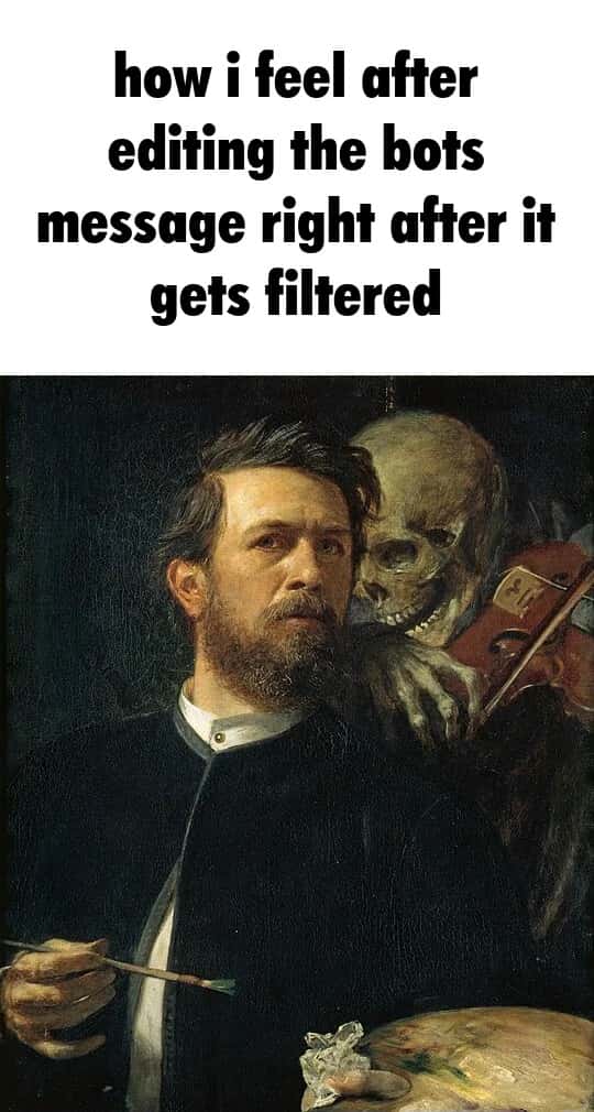 Skeleton whispering in man's ear meme editing filtered bot messages