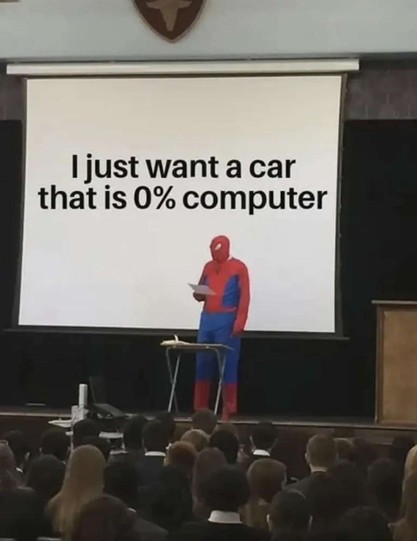 Spider-Man Presentation meme about wanting cars without any tech