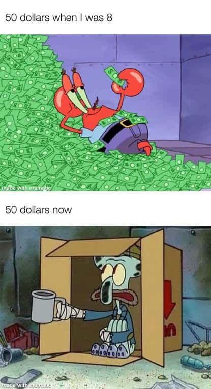 Squidward Spare Change: Inflation Meme 50 Dollars When I Was 8