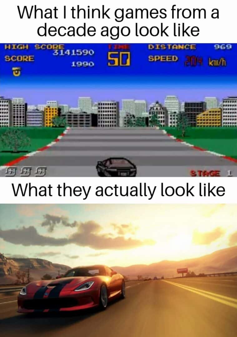 Nostalgic racing game meme comparing expectations vs reality