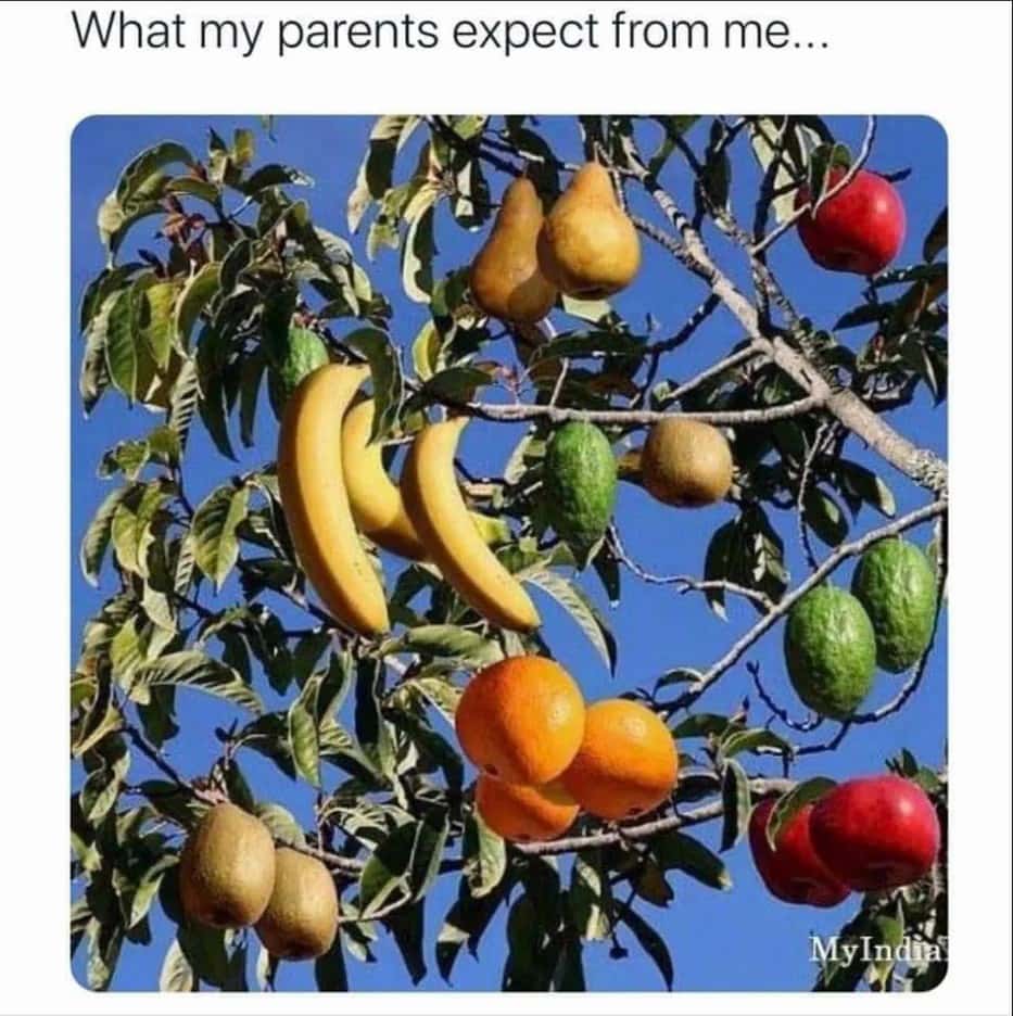 Banana apple pear tree meme about unrealistic parental demands