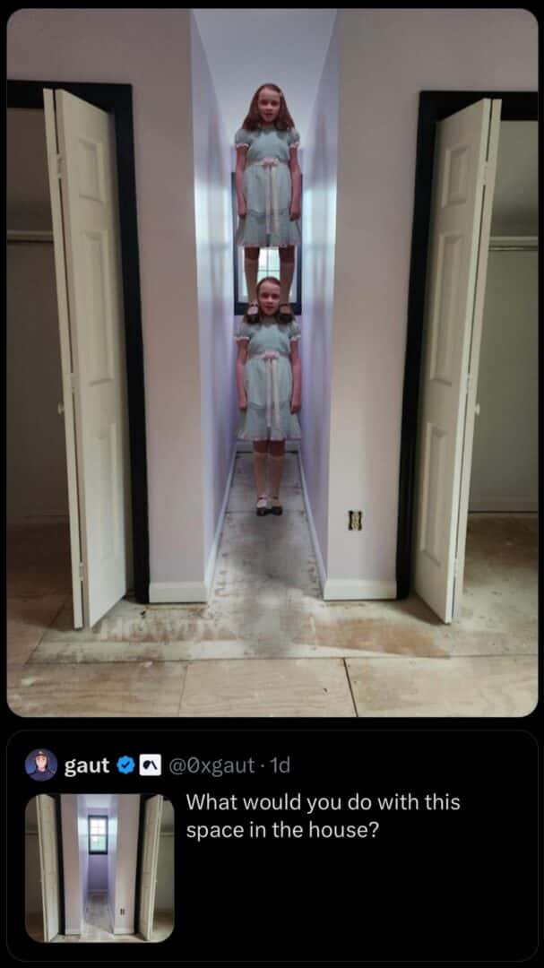 The shining twins meme in a weird narrow hallway