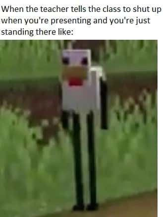 Confused Minecraft chicken meme standing still in class