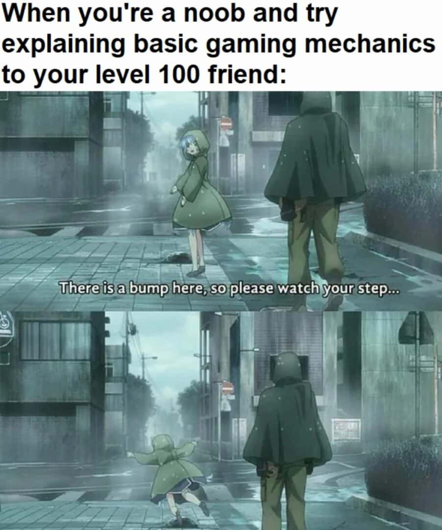 Anime meme about new player trying to help veteran friend