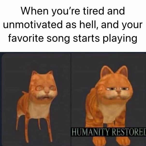 Garfield meme about tiredness restored by favorite song