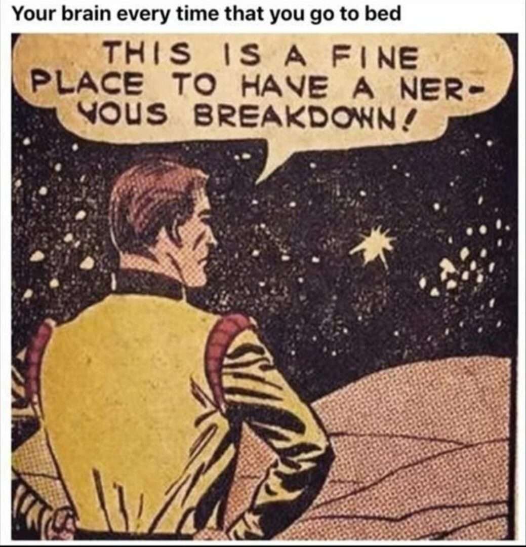 Funny bedtime anxiety meme using old comic panel