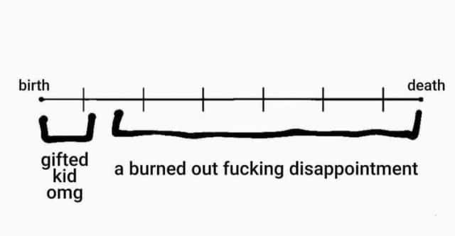 Relatable gifted kid burnout meme life stages timeline