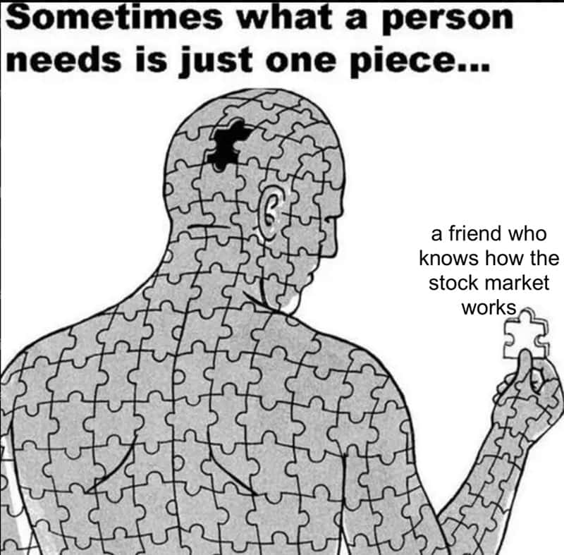 A person shaped puzzle missing a piece about stock market friends