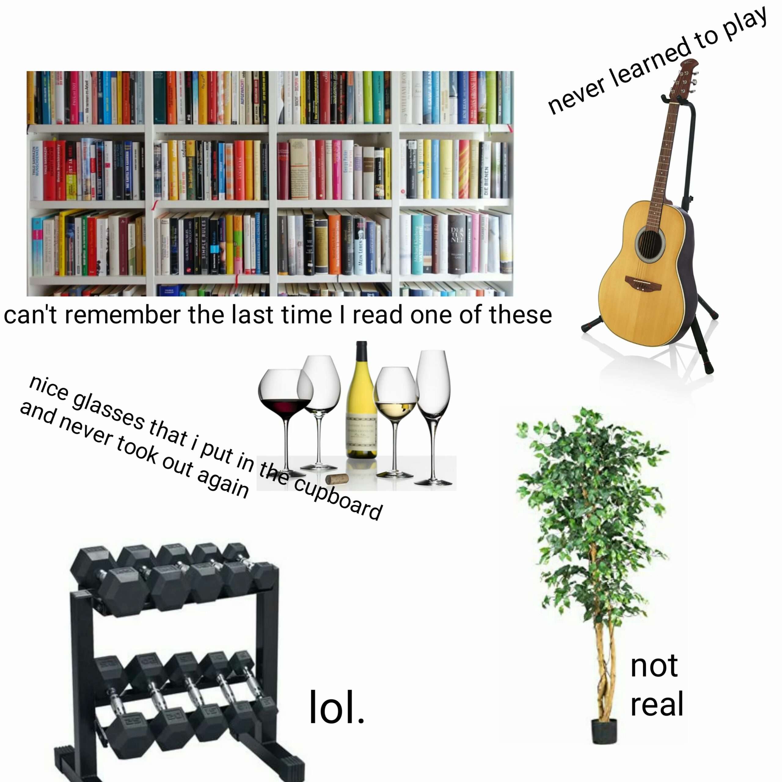 Funny meme about unused adult hobbies and decor