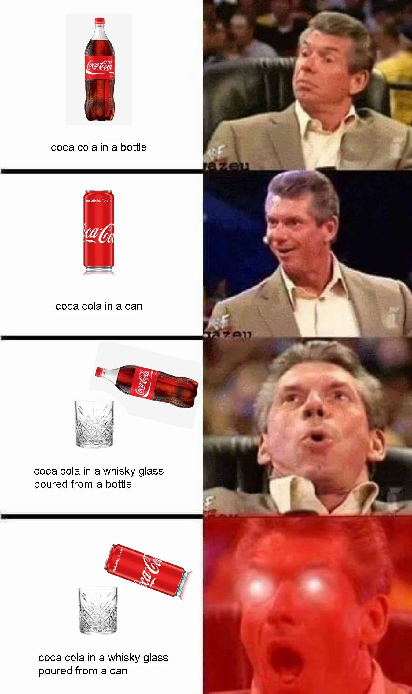 Vince mcmahon meme showing excitement levels for different coca cola