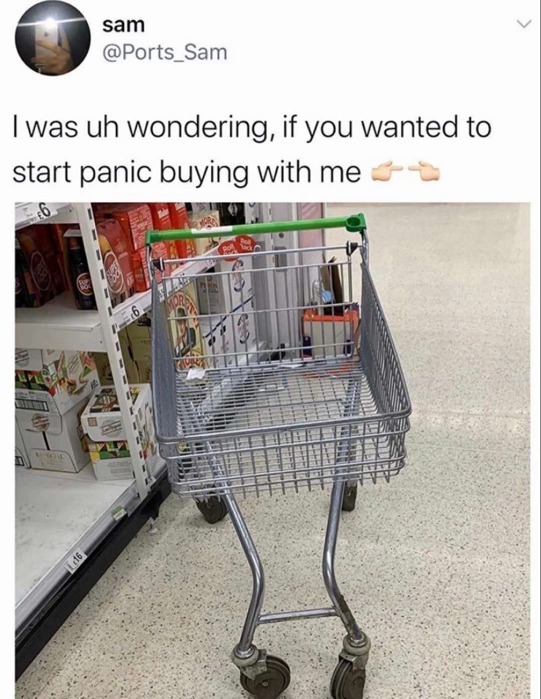 Relatable meme about panic buying with empty supermarket
