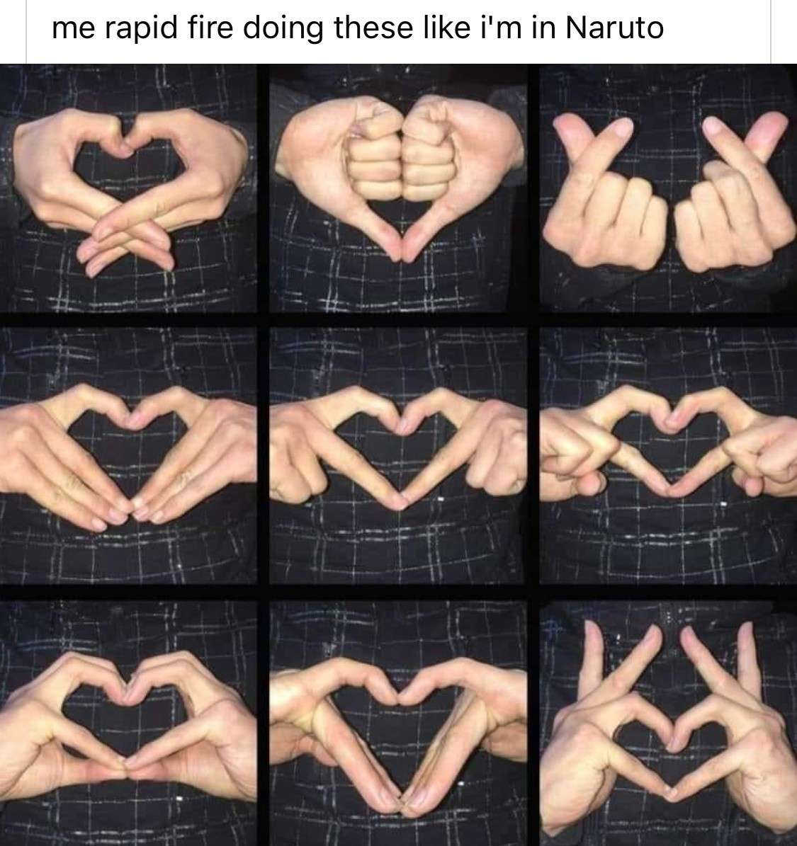 Funny Naruto meme about doing hand signs for heart gestures