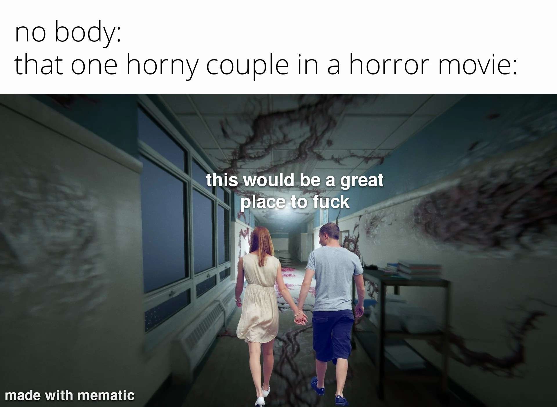 Horny couple horror movie location meme