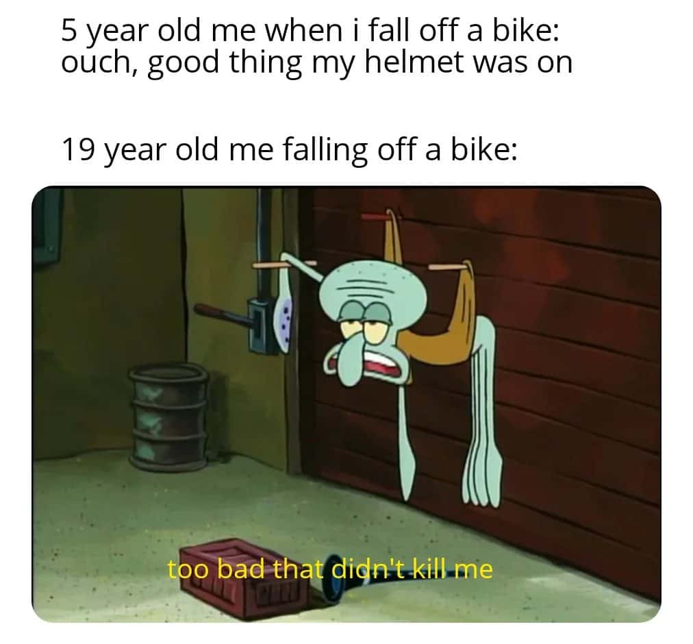 Squidward meme about falling off a bike as a teen vs kid