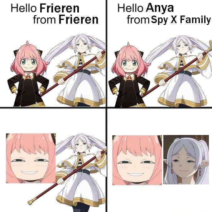 Frieren meme saying hello to Anya with smug reaction