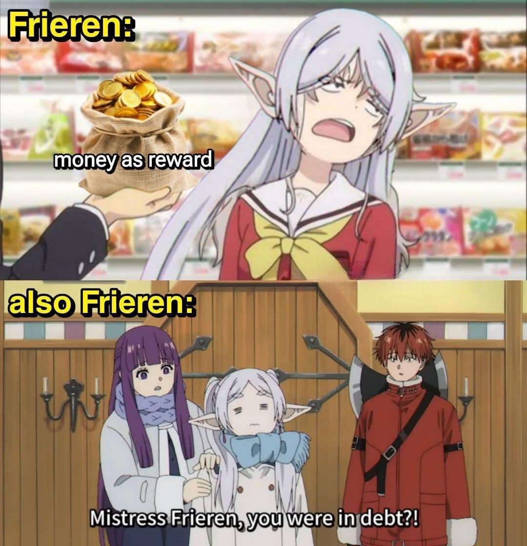 Frieren meme rejects money but ends up in debt