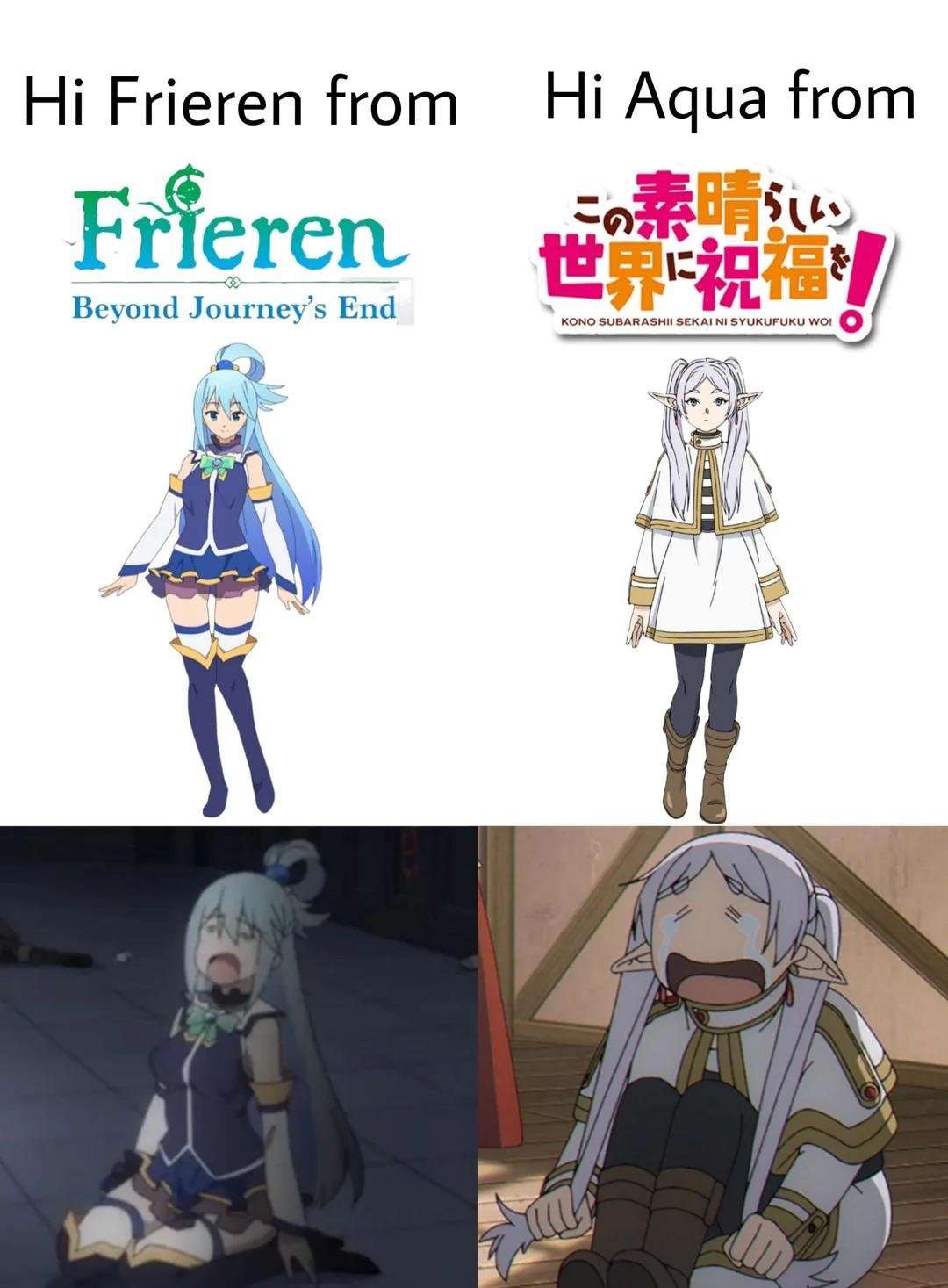 Frieren meme meets Aqua cry face anime comparison
