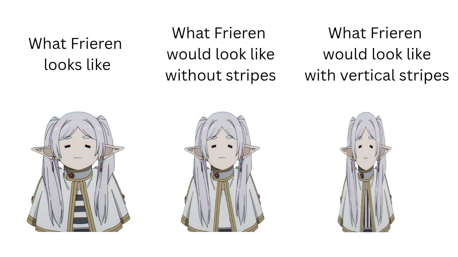 Frieren meme without stripes vs vertical stripes look
