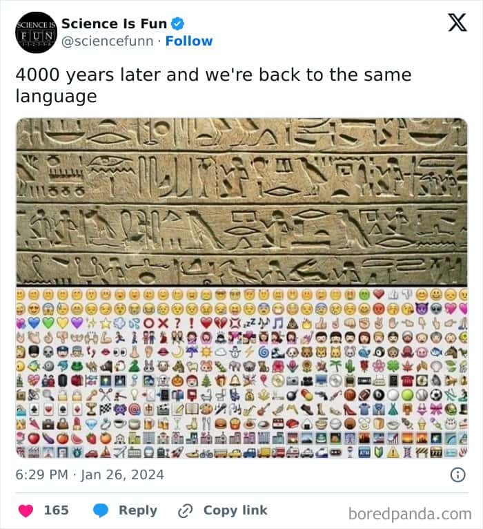 Ancient egyptian hieroglyphs meme compared with modern emojis 4000 years later back to same language