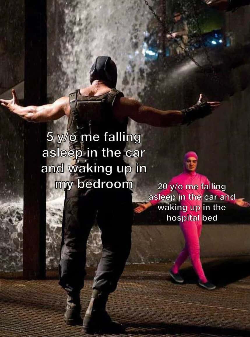 Bane and pink guy meme comparing falling asleep in car at different ages