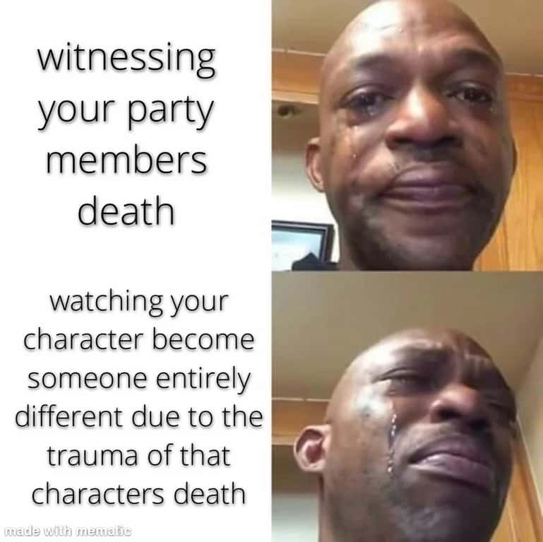 Black man crying meme about party member death trauma in games