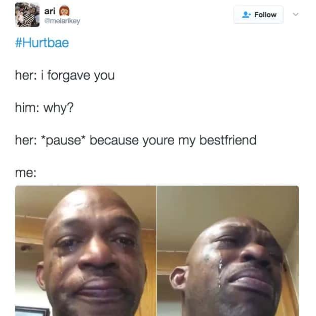 Black man crying meme reacting to emotional best friend dialogue