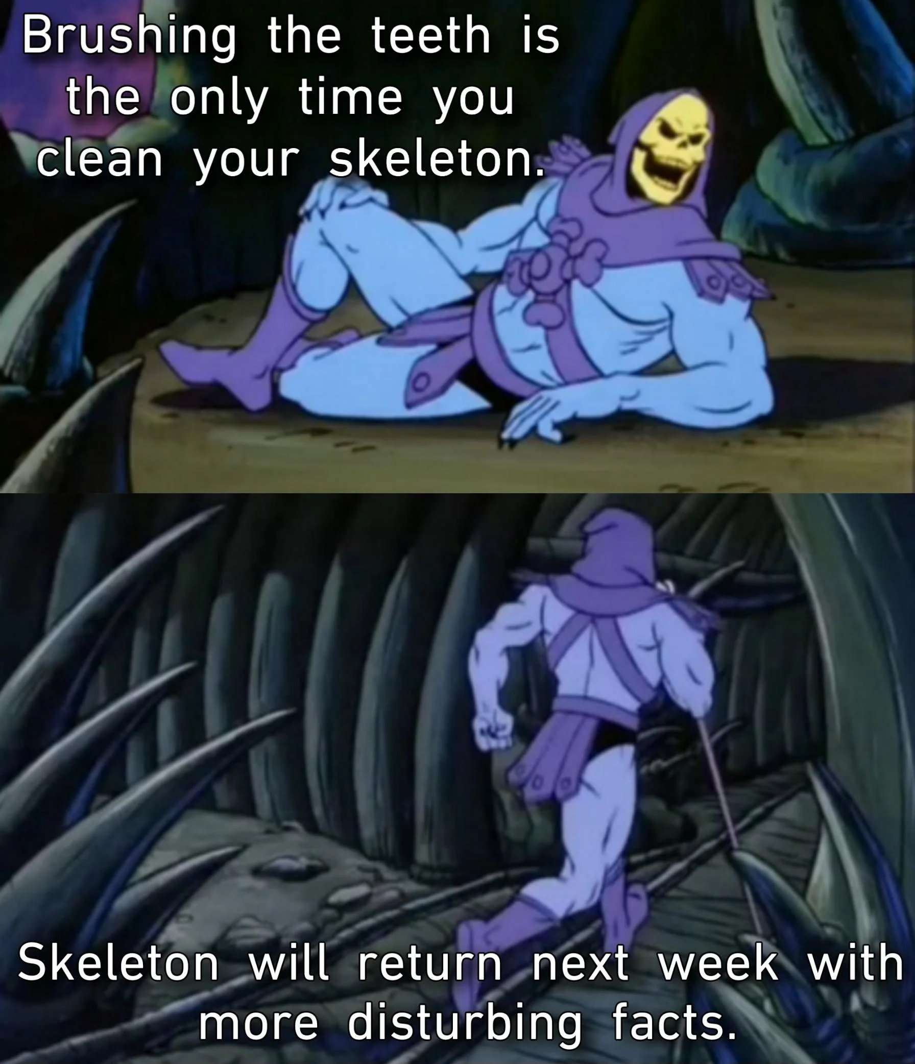 Skeletor meme shares weird skeleton fact then runs off to bring more disturbing facts