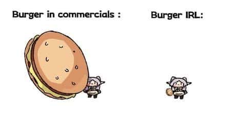 Tiny chibi elf meme comparing giant commercial burger vs tiny real life burger
