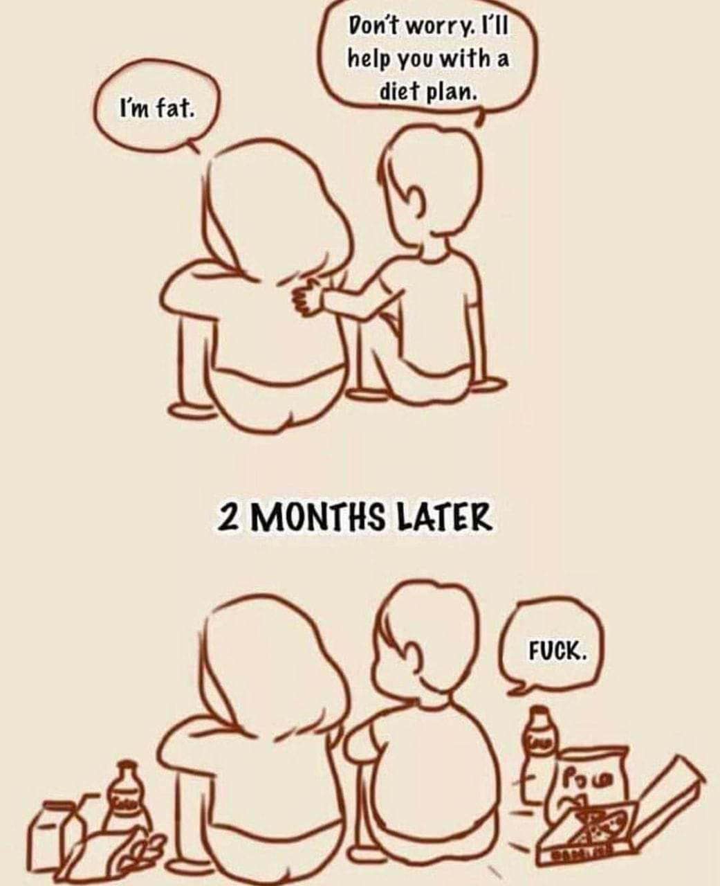 Diet plan meme where the helper also gains weight with the friend