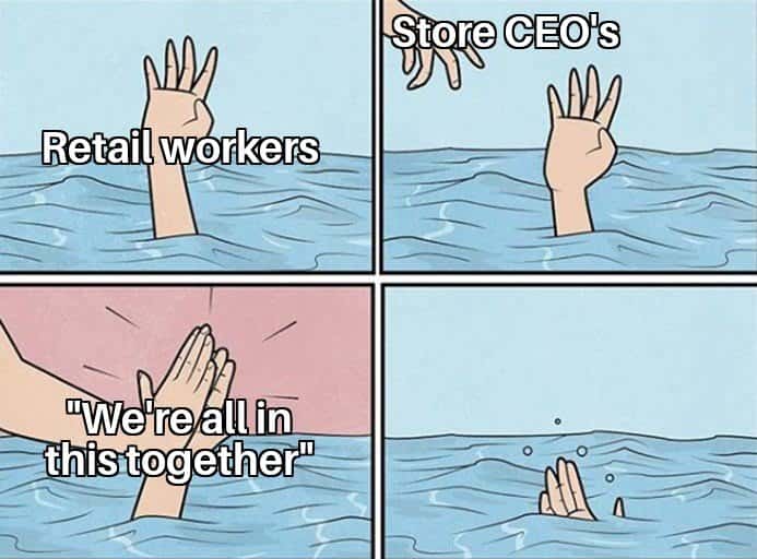 Drowning high five meme retail workers vs ceo empty solidarity